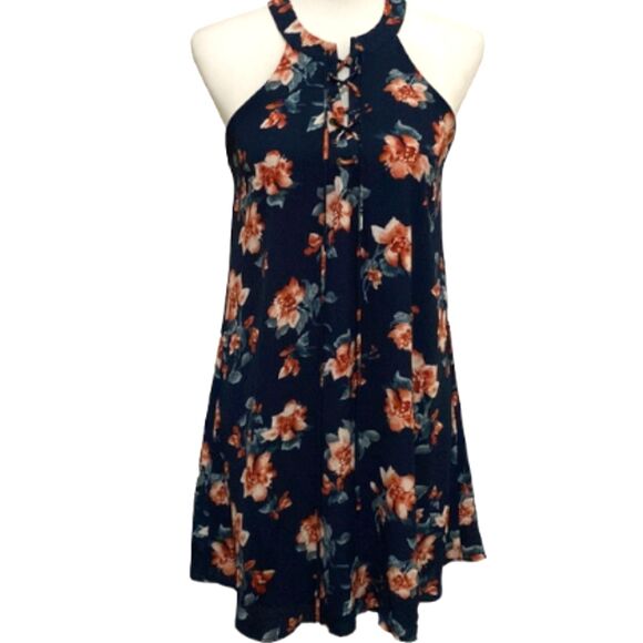 Altard State Dress Mini Womens Small Floral Print Halter Navy Lace Up Spring - Picture 1 of 13